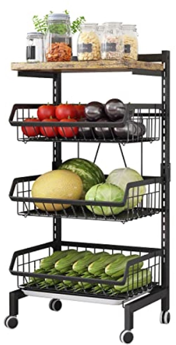 PromoHome Groenterek voor keuken, stapelbare fruitmand, opbergwagen met afsluitbare wielen en houten plank, voor badkamer, kantoor, handdoeken