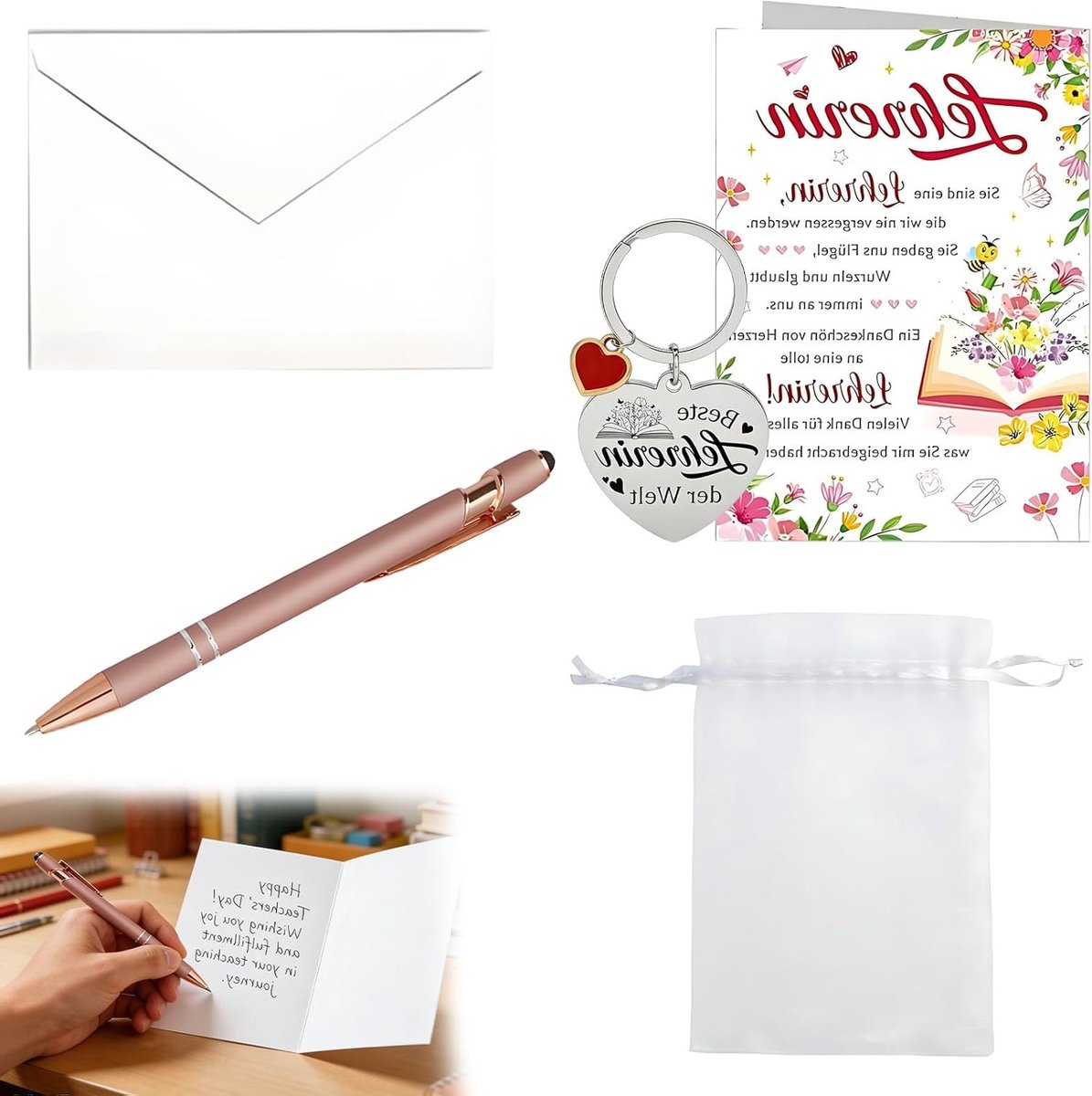 Bedankset voor Leraren - Inclusief Bedankkaart, Sleutelhanger, Pen en Opbergzak - Perfect als Cadeau voor Onderwijzers en Schoolpersoneel