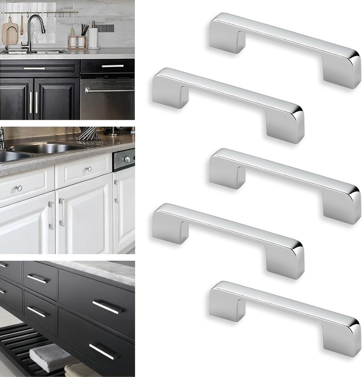 Moderne Deurgrepen voor Keuken en Meubels - 96mm Gatenafstand, Verchroomd Zink, Set van 5 Stuks, Ideaal voor Kasten en Laden