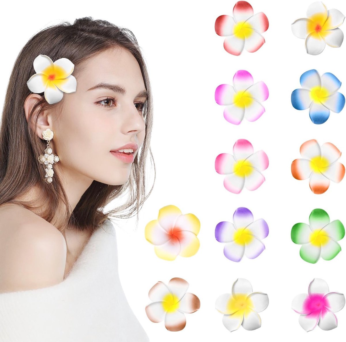 Tropische Plumeria Bloem Haarspelden - 12 Stuks Kunststof Haaraccessoires voor Vrouwen en Meisjes, Perfect voor Bruiloften en Strandvakanties, Bohemian Stijl