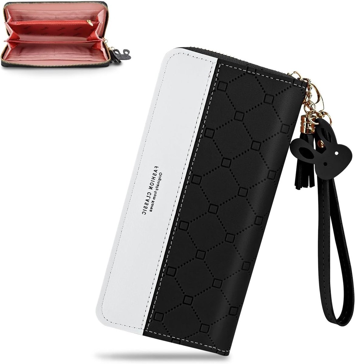 Dames Leren Portemonnee met Sleutelhanger en Polsband, Ruimte voor Kaarten en Munten, Zwart, Modern Ontwerp
