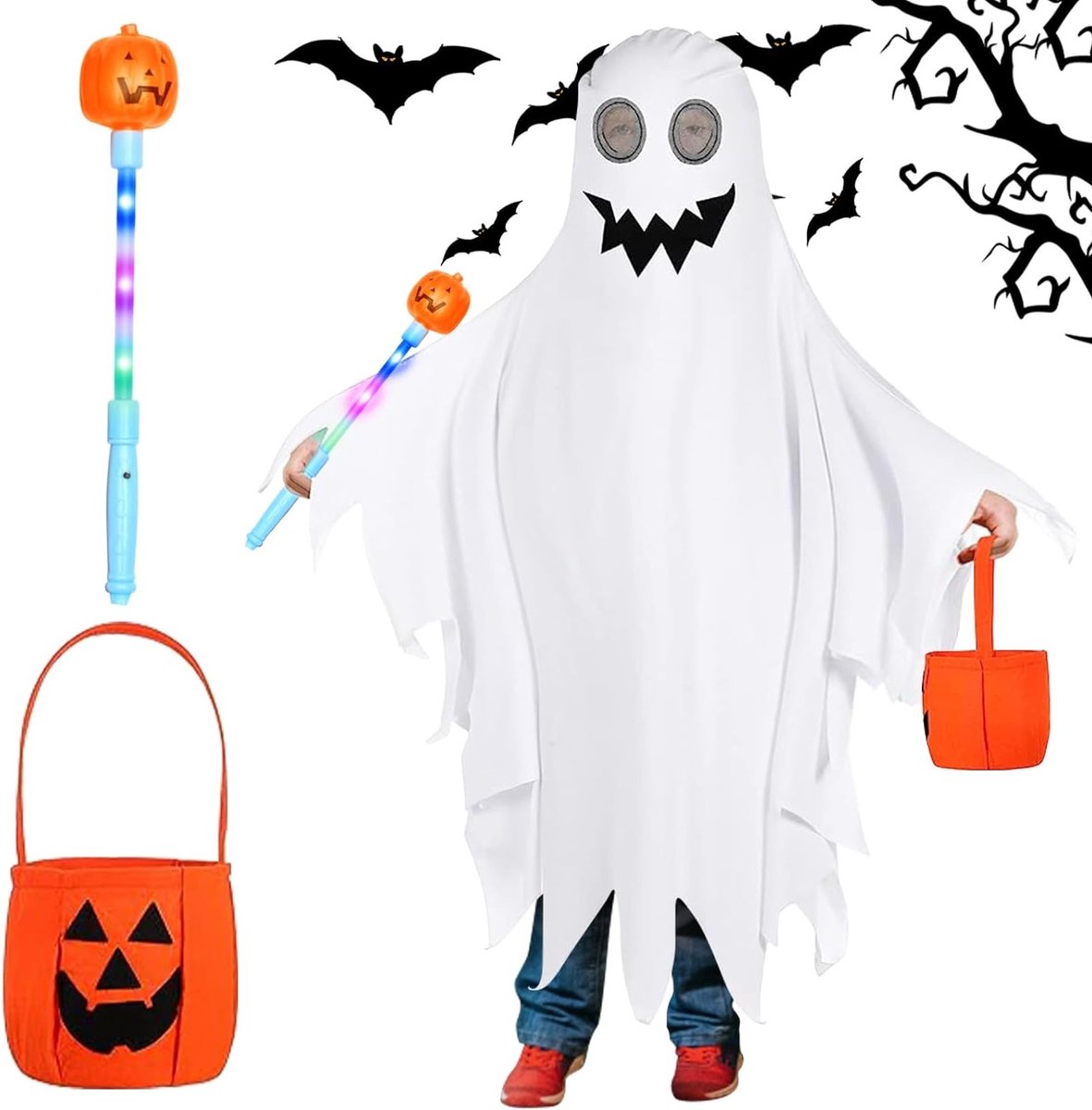 Spookachtig Kinderen Kostuum met Witte Cape en Pompoentas voor Halloween Feestjes en Verkleedpartijen