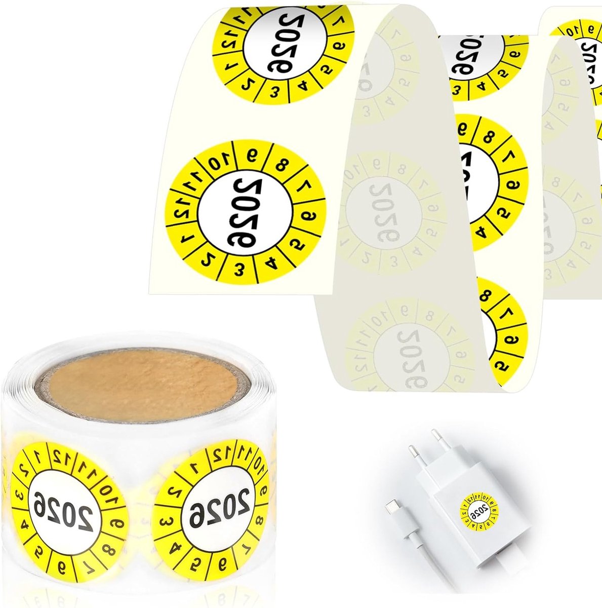 Set van 100 Jaarcontrole Stickers 2026 - Gele Zelfklevende Testlabels voor Onderhoud en Inspectie van Ladders en Trappen, 20mm Vinyl Film