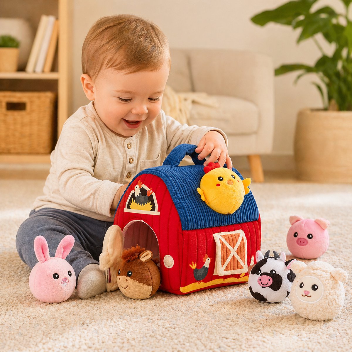 Baby Speelgoed 6-12 maanden - Sensorisch Pluche Speelgoed met Stal en 6 Dierenvriendjes - Montessori Speelgoed met Boerderijdieren - Baby Cadeau met Knuffels - Educatief speelgoed - Kinderspeelgoed 6MND + — afbeelding 3