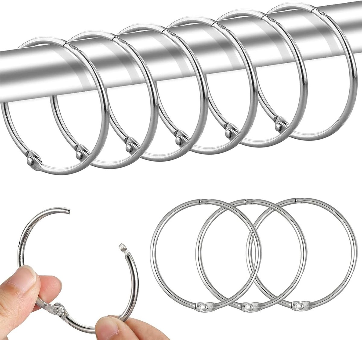 Metalen gordijnringen 30 stuks, 25 mm binnendiameter, geruisloos en duurzaam voor ramen, deuren en douchegordijnen, zilverkleurig