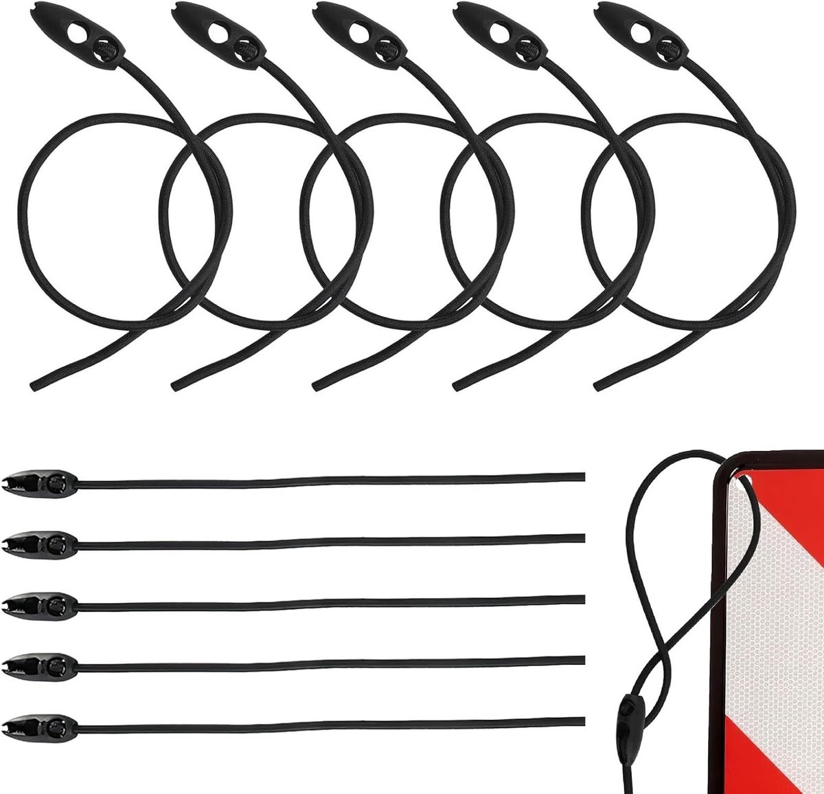 Set van 10 elastische bagagestraps van 50 cm voor fietsen, motoren en kamperen - multifunctionele, verstelbare spanbanden met waarschuwingssignalen