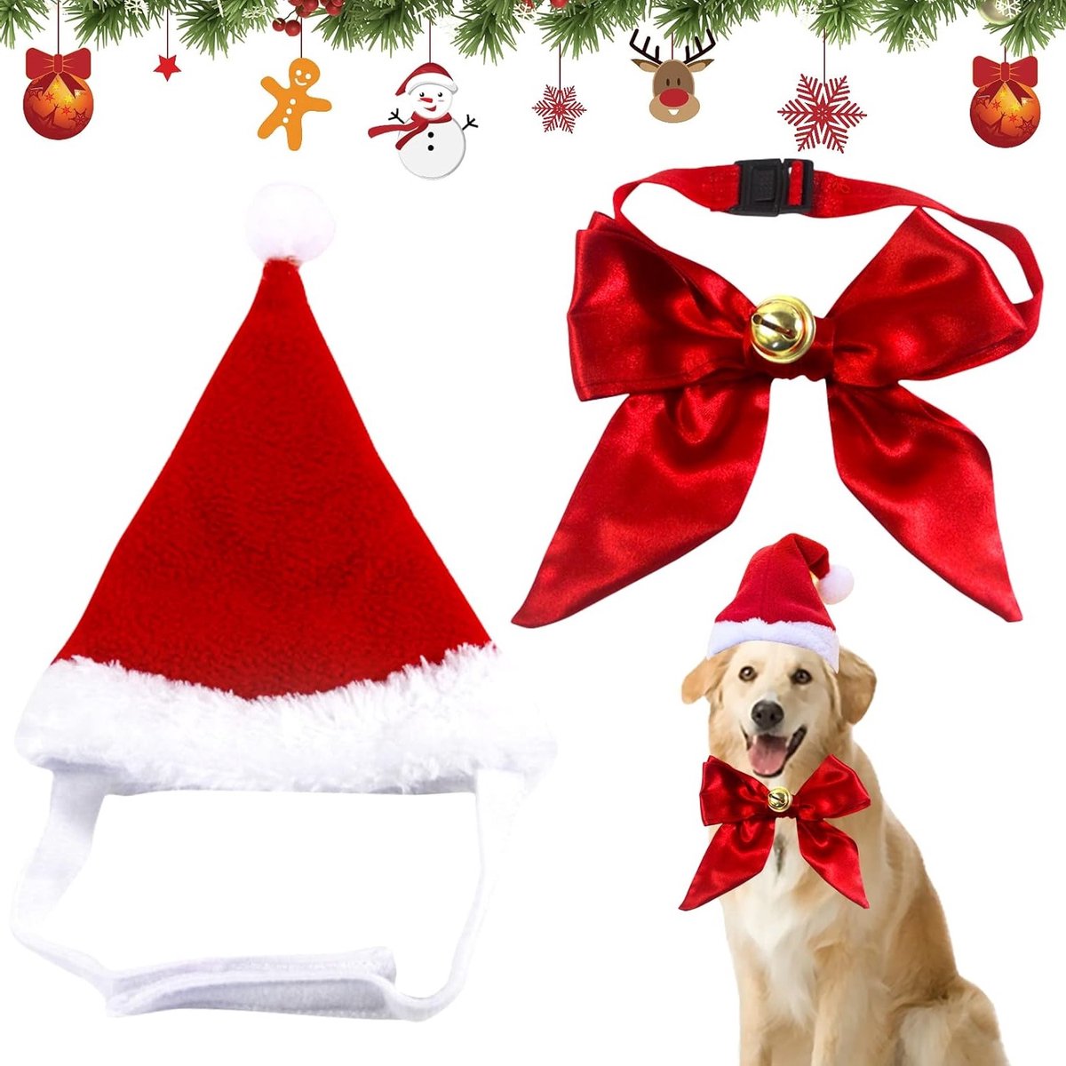 Kersthoed voor Honden en Katten, Verstelbare Pet Hoed met Belletjes, Ideaal voor Feestelijke Kostuums en Dierenaccessoires