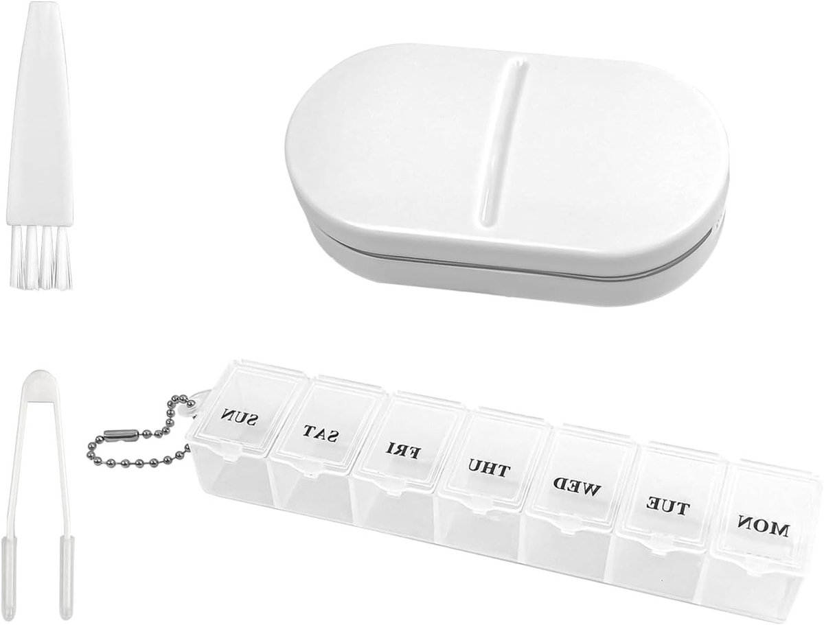 Praktische 2-in-1 Tabletten Snijder en 7 Dagen Medicijn Organizer met Borstel en Pincet voor Ouderen en Kinderen