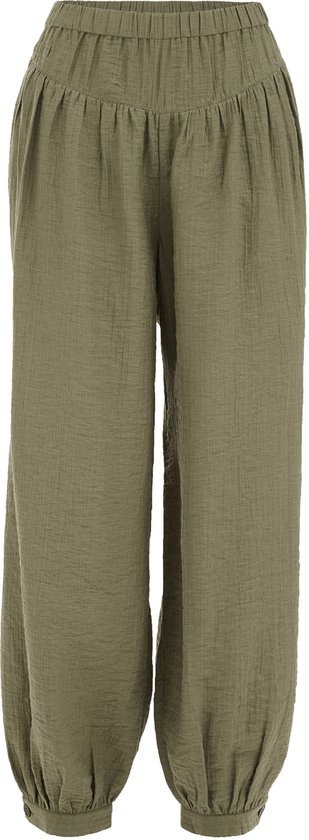 Olijfgroene wijde broek met structuur, elastische tailleband en ballonvormige pijpen.