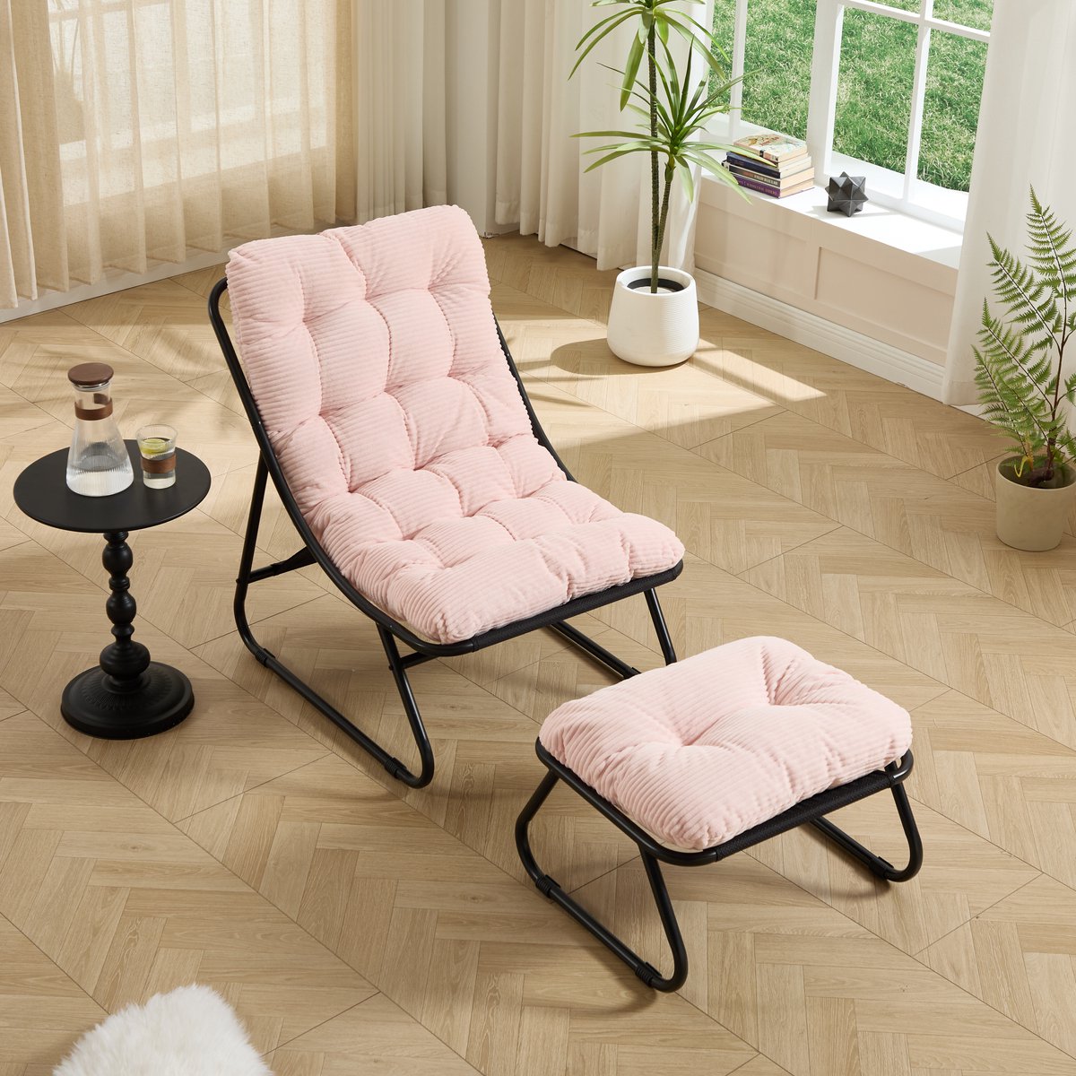 MIVRAY Loungestoel 65 x 78 x 86 cm - Met Hocker En Zacht Kussen - Voor Woonkamer, Sera En Terras - Staal - Roze