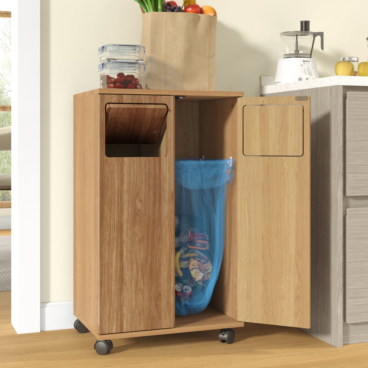Pugsdrly Trash Cabinet, afvalbak 2-delig, verrijdbare keukenkast in eikenhouten look, 2-deurs afvalbak met wieltjes, voor keuken & eetkamer, 46,7x35x80cm