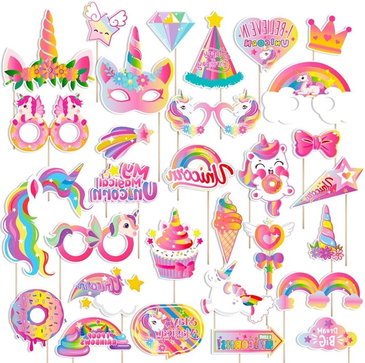 Unicorn Fotoprop Set voor Verjaardagsfeestjes, Roze Thema Props en Selfie Accessoires voor Een Magische Sfeer (30 Stuks)