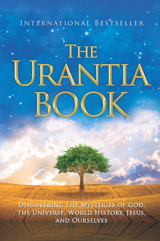 Boek 'The Urantia Book' met op de cover een gouden titel boven een boom op een gouden veld, met een blauwe lucht vol sterren en wolken.