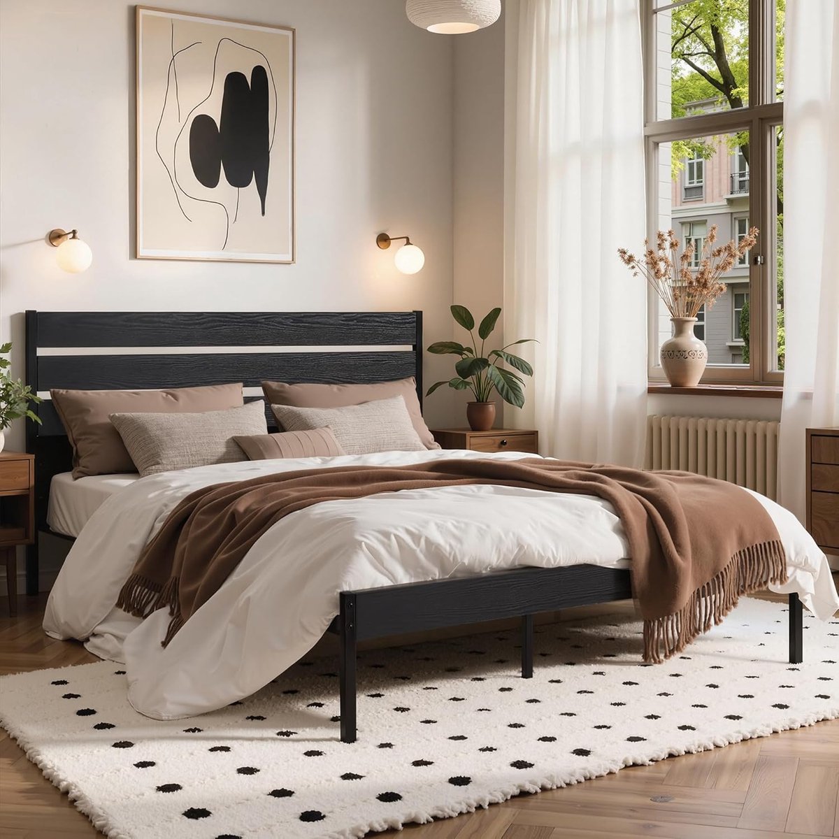 Modern Industrieel Tweepersoonsbed met Robuust Houten Hoofdbord & Extra Opbergruimte – 140 x 200 cm