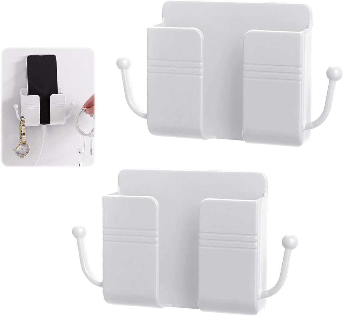 Wandbevestigde Houder voor Afstandsbediening en Mobiele Telefoon, Zelfklevende Opbergdoos met Ontvangstopening voor Datakabel, Mini Organizer voor Thuis en Kantoor, Wit