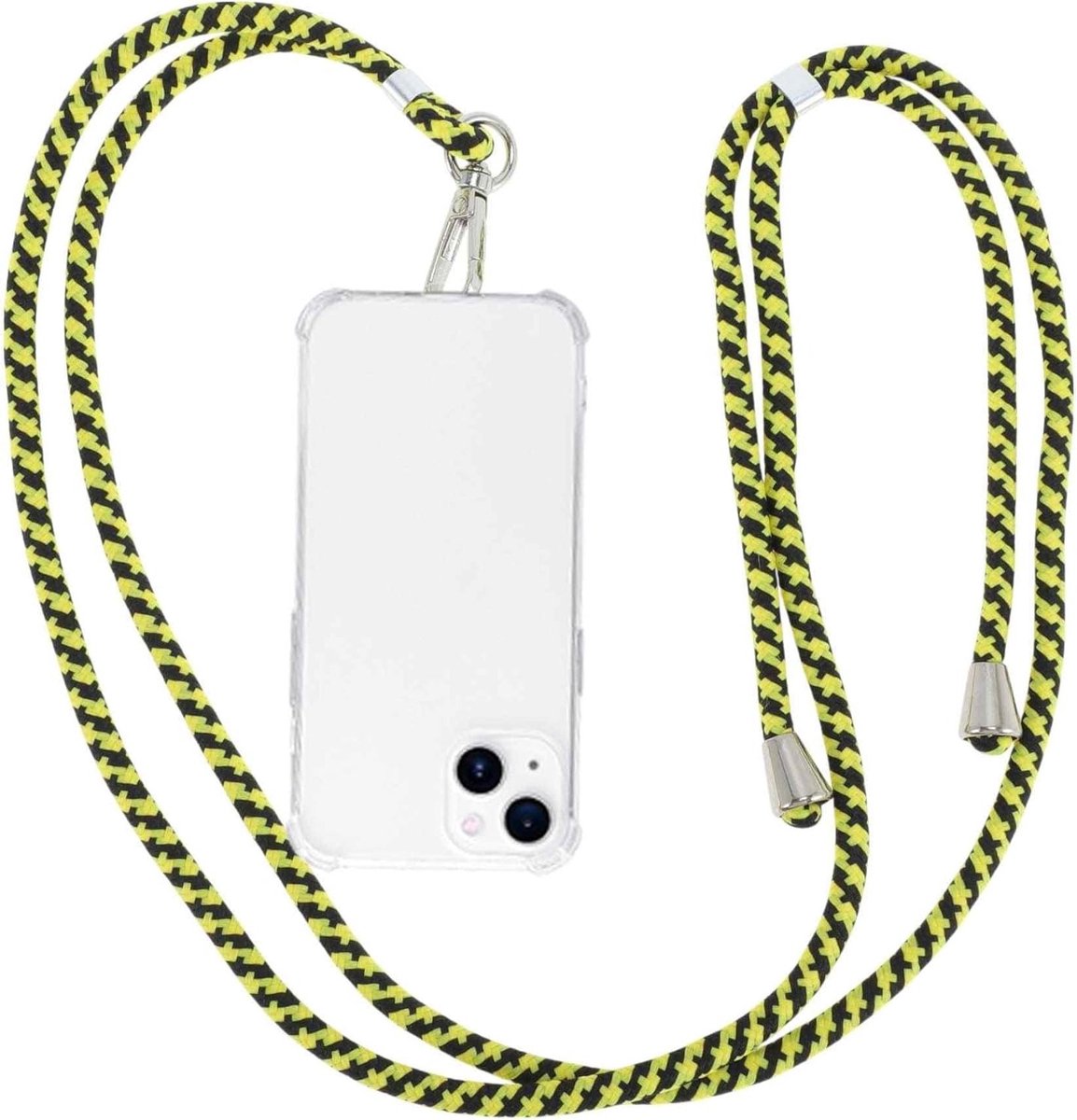 Universele telefoonhanger met telefoonkoord en patch, geschikt voor alle smartphones, zwart/geel