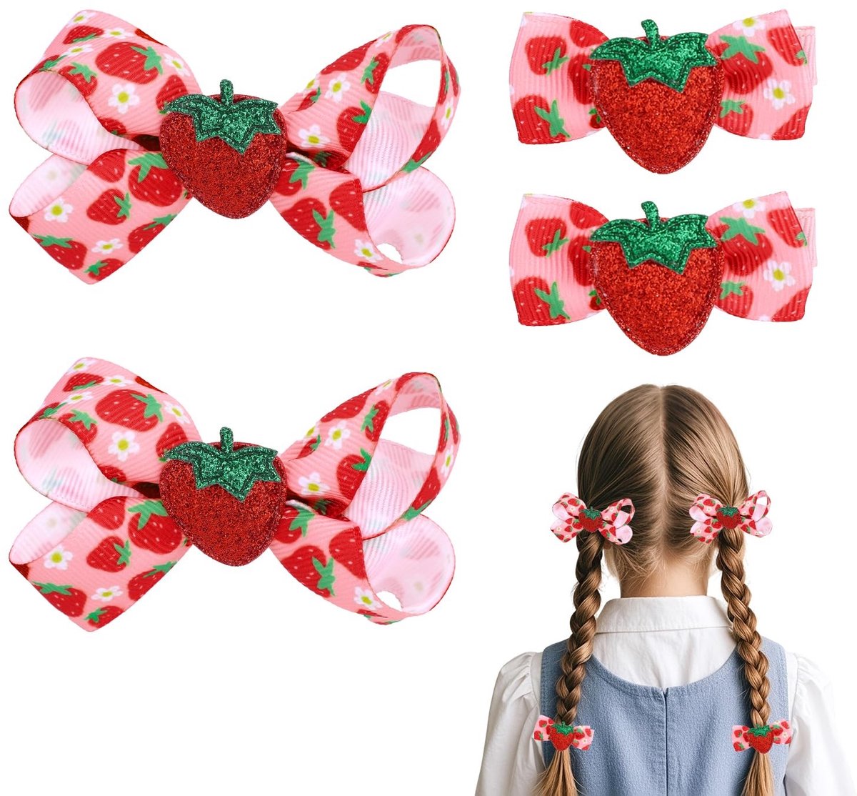 4 Stuks Aardbei Haarstrikken voor Meisjes - Schattige Haarclips en Accessoires