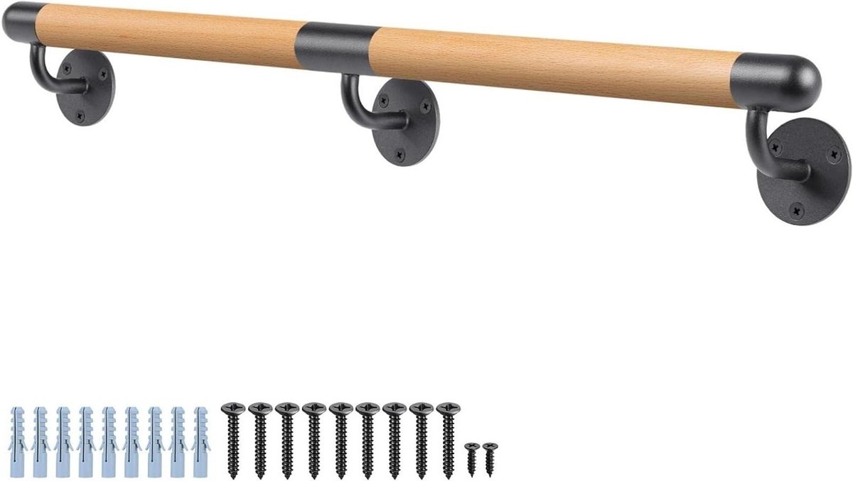 200cm Houten Handrail - Veiligheidsleuning voor Trap met Antislip, Geschikt voor Jong en Oud, 500LB Draagvermogen, Muurbevestiging en Barrièrevrije Balustrade