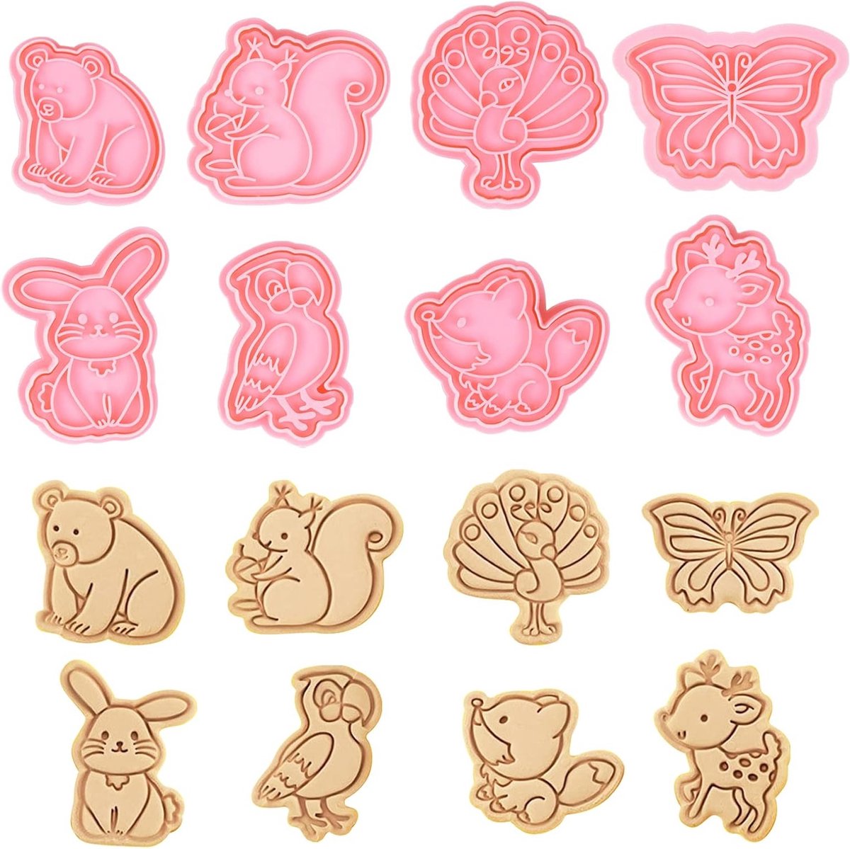 Set van 8 Dieren Koekjesuitsteekvormpjes voor Kinderen, Plastic Bakaccessoires voor Kinderen, Creatief Bakken met 3D Vormen