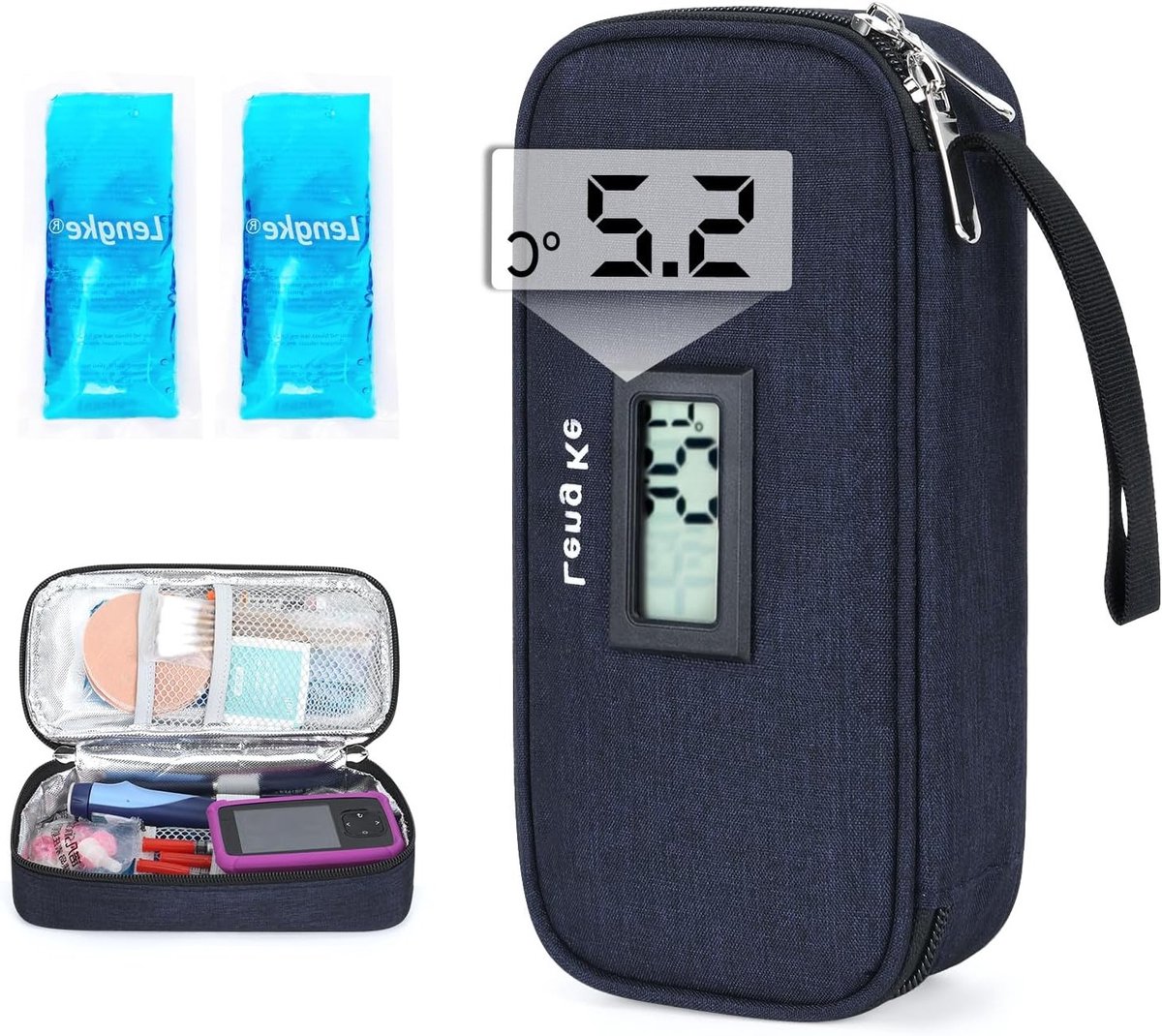 Medicijn Reistassen met Temperatuurweergave - Insuline Koeltas met Twee 90g IJs Packs, TSA Goedgekeurde Insuline Sleeve voor Diabetische Benodigdheden en Reizen (Navy Blauw)
