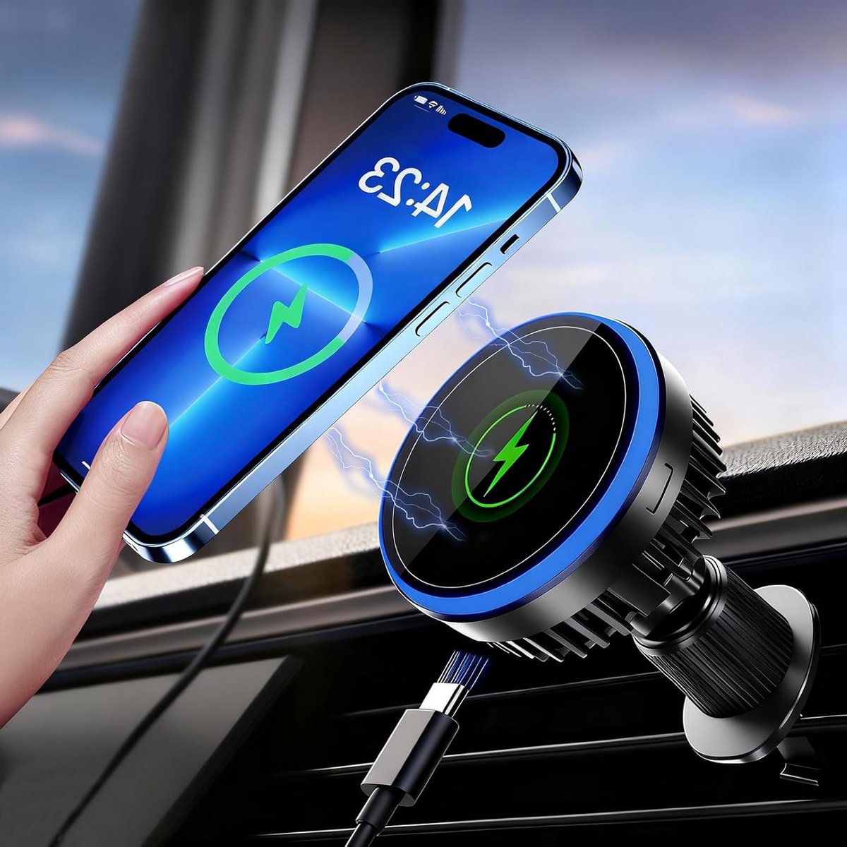 Draadloze Autolader met Koelsensor en Magnetische Telefoonhouder, Compatibel met iOS en Android, Geschikt voor 15W Snelladen