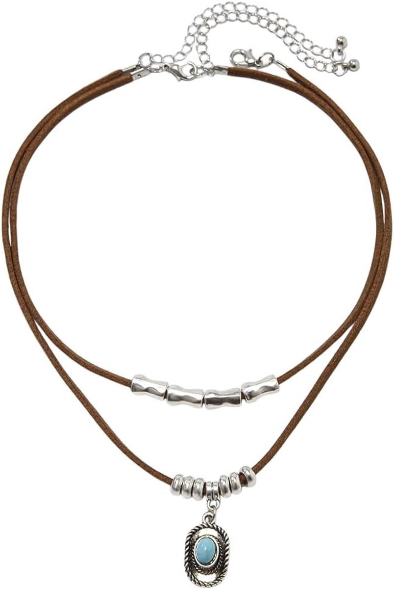 Justerbare boho-collar choker voor vrouwen - Vintage cowboy cowgirl dubbele lagen leren halsband met turquoise pendant voor dagelijks gebruik en speciale gelegenheden