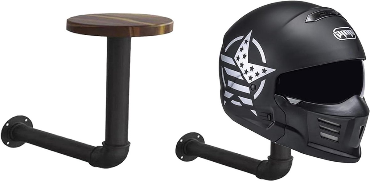 Motorhelm Houder - Helmrek Muur - Helm Opbergen - Retro Hout Metaal - 2-pack - Zwart