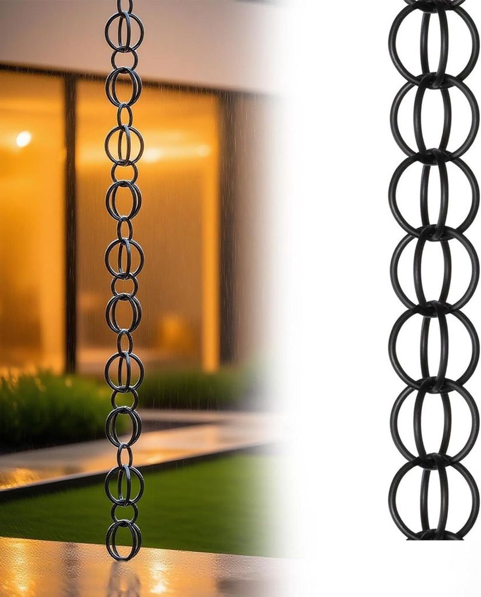 Regenketting voor buiten, zwarte afvoerketting in watervalstijl, met drainagefunctie, ideaal ter vervanging van regenpijpen, geschikt voor tuinen/terrassen/patio's.