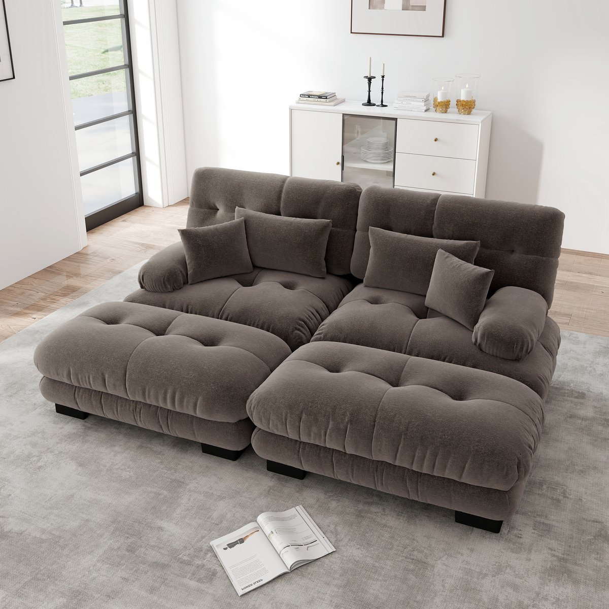 MODFU Modulaire Hoekbank - Diepe Zitting En Ronde Armleuningen - Woonkamer - Chenillestof - Bruin