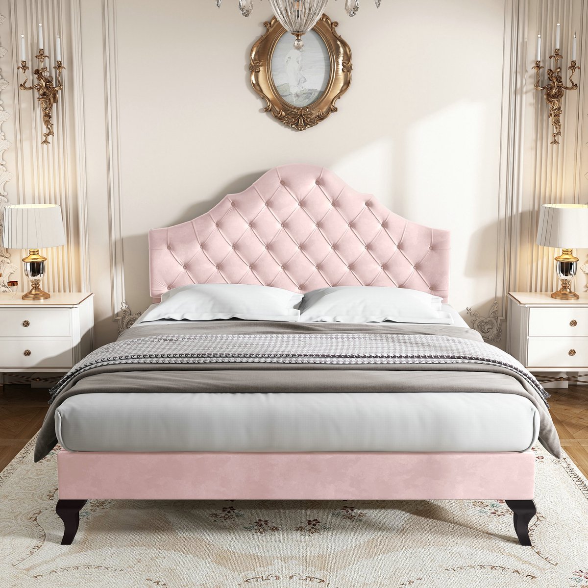 VVBV Gestoffeerd bed 140x200 / Tweepersoonsbed 140x200 – met Lattenbodem – In Hoogte Verstelbaar Hoofdbord – Fluweel – Roze – Gestoffeerd Tweepersoonsbed