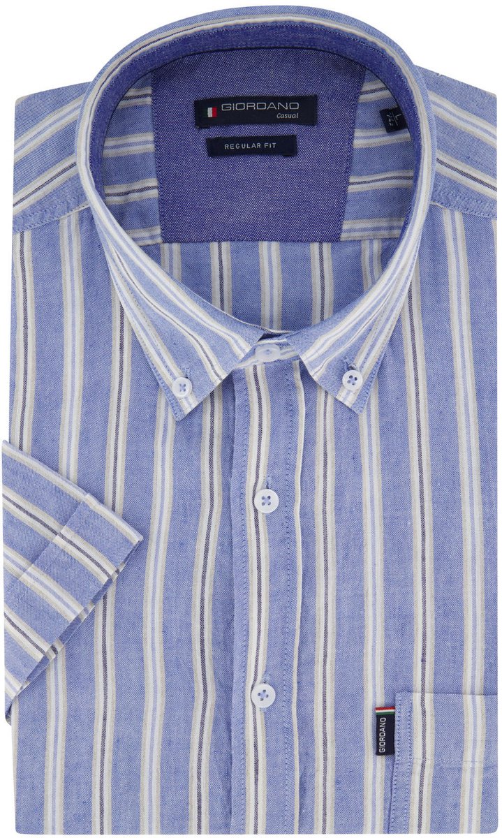 Blauw overhemd katoenblend Giordano korte mouwen met strepen