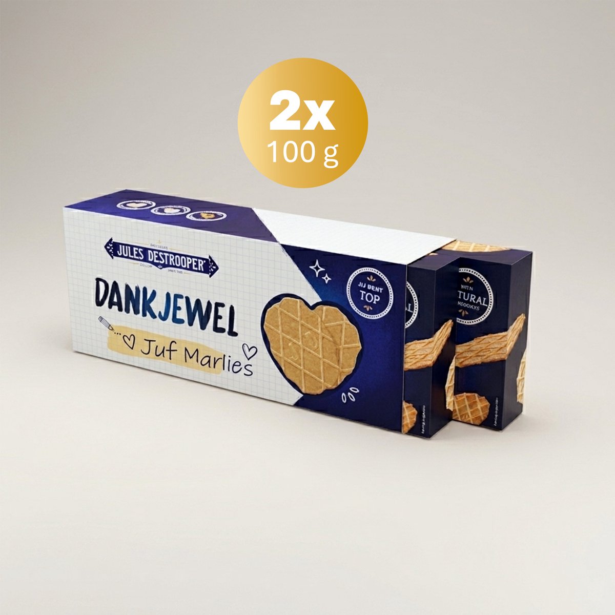 Jules Destrooper Koekjes in cadeauverpakking om iemand te bedanken – 2x100g met personaliseerbare ‘dankjewel’ hoes – perfect geschenk als Vaderdag cadeau of einde van het schooljaar