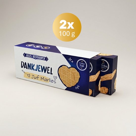 Deux boîtes de biscuits Jules Destrooper, "Merci Maîtresse Marlies", gaufrette en forme de cœur.