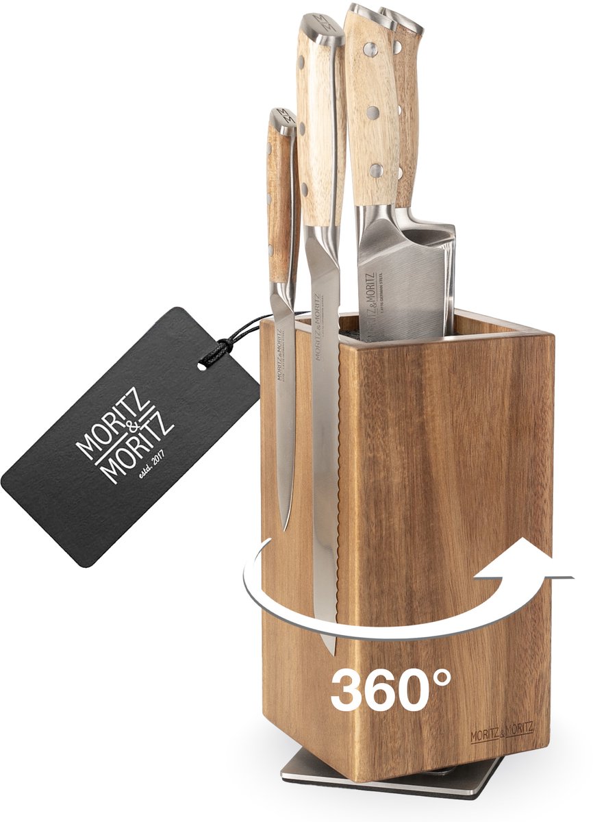 Moritz & Moritz Messenblok Zonder Messen - 360° Messenmagneet Acaciahout - Messenhouder Magnetisch 25cm x 12cm - Messenblok - Keukengerei Houder - Keuken Organizer