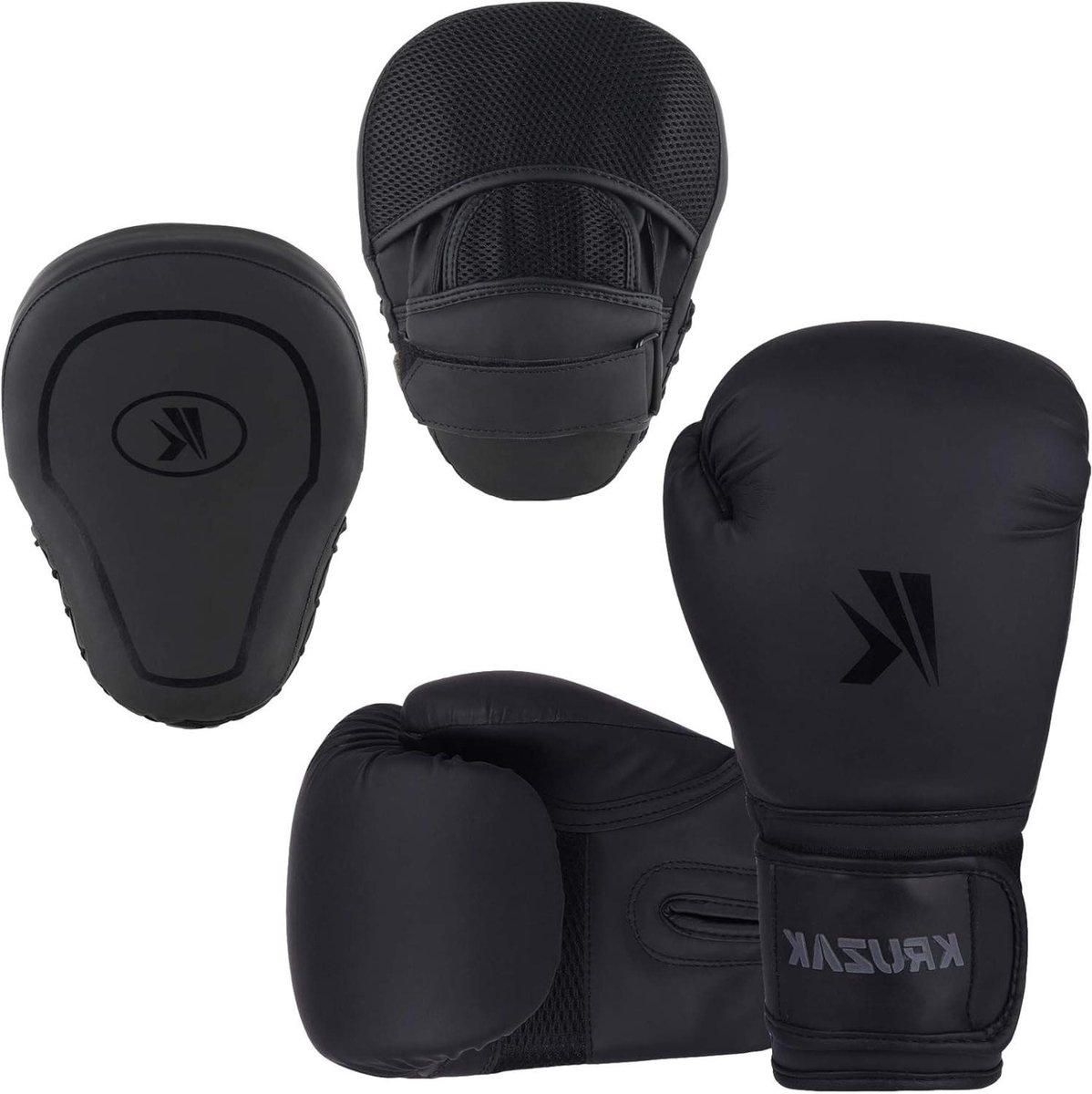 Bokshandschoenen en Focuswanten - Trainingsset Vechtsport - Kickboksen Muay Thai - Ademend Gebogen Ontwerp - 10 oz - Mat Zwart