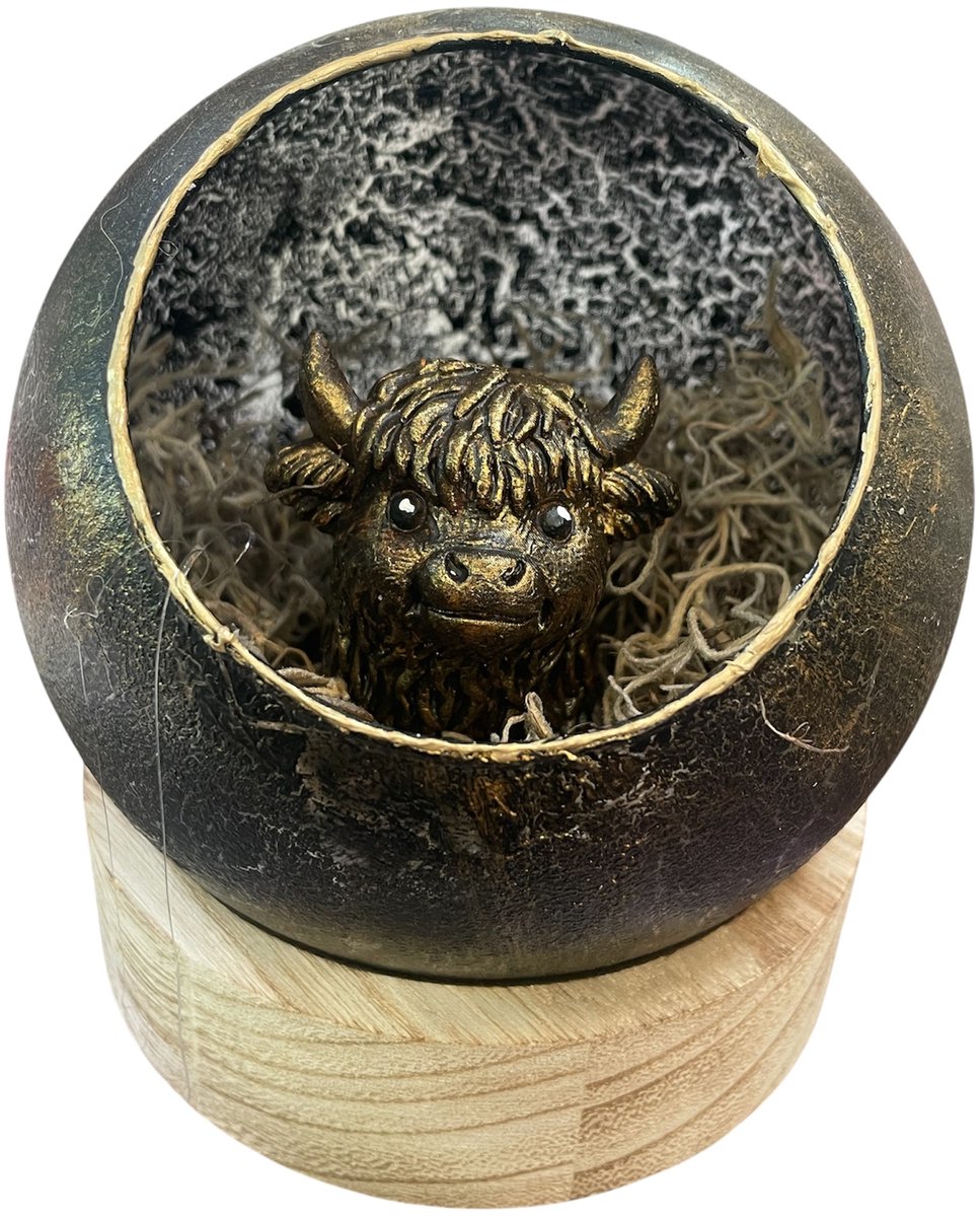 Decoratieve Glazen Bol met Bulletje Zwart Goud – Handgemaakt Kunstobject – 14 cm – Riek van de Bor