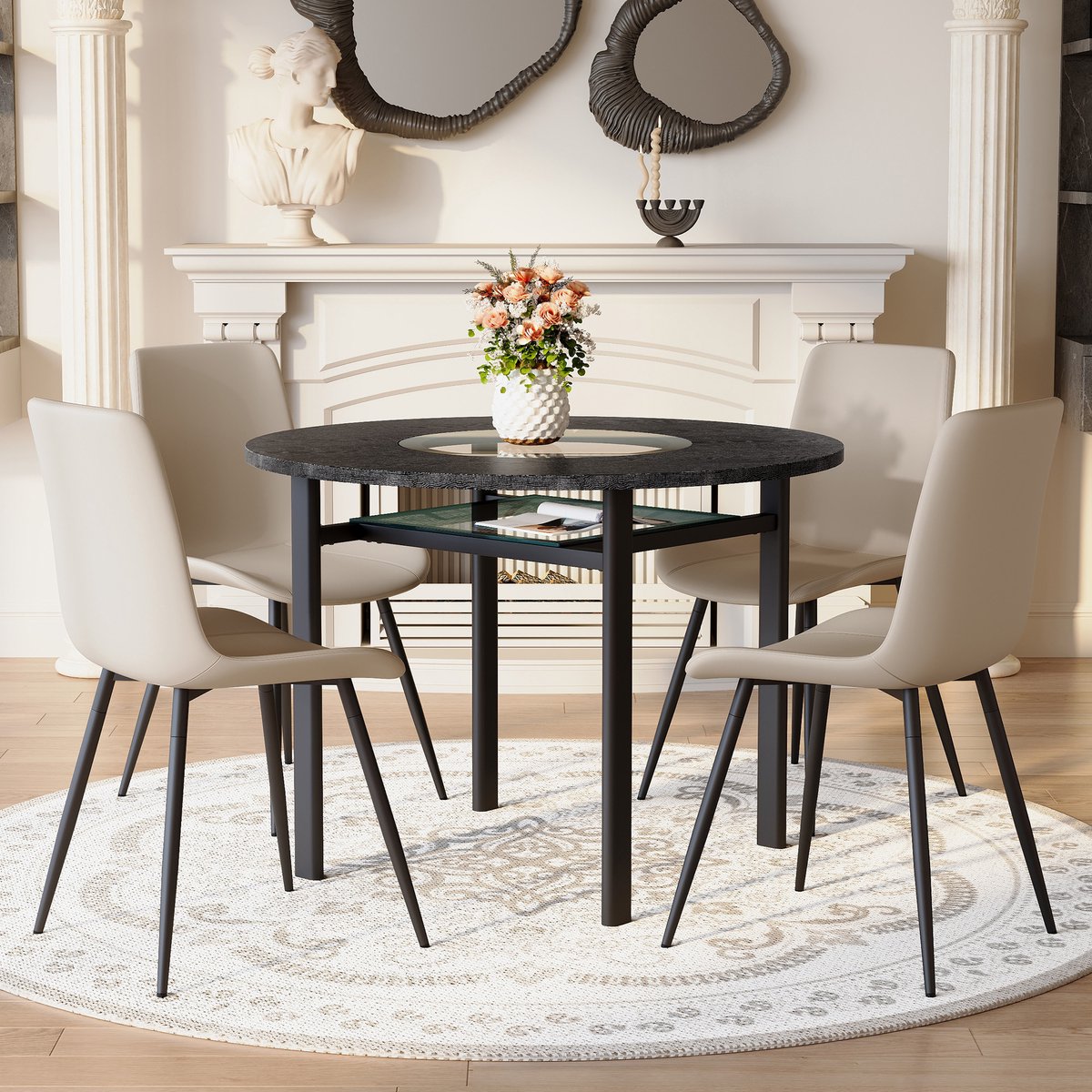 Minimalistische ronde tafelset (met 4 warmgrijze PU-stoelen en brede comfortabele zitkussens), ronde tafel met een diameter van 100 cm in zwart houtlook, geschikt voor de woonkamer etc.