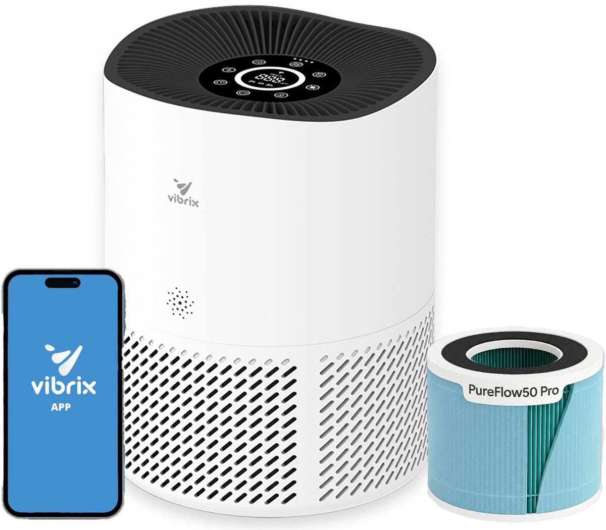Vibrix PureFlow50 Luchtreiniger / Air Purifier – HEPA H13 + koolstoffilter – 350 m³/u – Voor kamers tot ca. 50 m² – Ionisator – App-bediening – Zeer stil met slaapstand – Luchtkwaliteitindicator — afbeelding 1