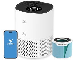 Vibrix PureFlow50 Luchtreiniger / Air Purifier – HEPA H13 + koolstoffilter – 350 m³/u – Voor kamers tot ca. 50 m² – Ionisator – App-bediening – Zeer stil met slaapstand – Luchtkwaliteitindicator