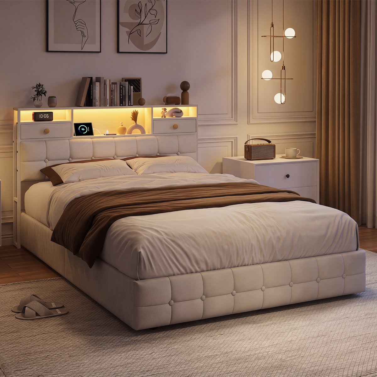 Gestoffeerd Bed 160x200 cm met LED, USB/Type-C en 4 Lades, Tweepersoonsbed met Lattenbodem en Hoofdsteun Opbergruimte, Opbergbed Grijs Linnen (Zonder Matras)