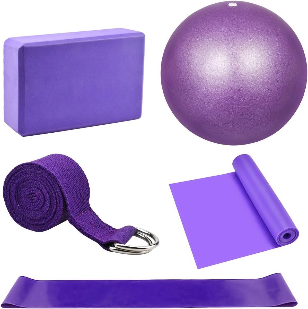 Complete Yoga Starter Kit met 5-delige Set: Blokken, Strap, Bal, Foam Brick en Weerstandsband voor Thuis en Gym Fitness Oefeningen
