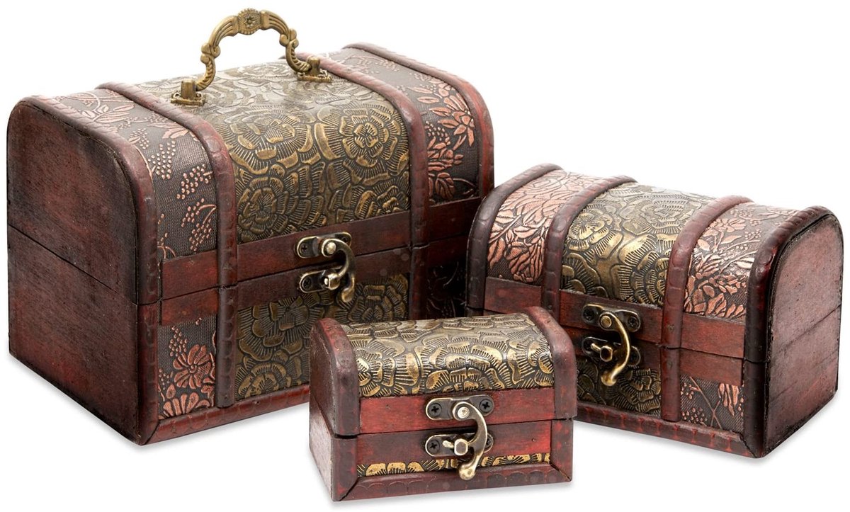 aladdien - Houten Schatkist Set - Decoratieve Opbergdozen - Antieke Stijl - Bruin - Hand-gegraveerd - Perfect voor Sieraden en Speelgoed - 3 Stuks