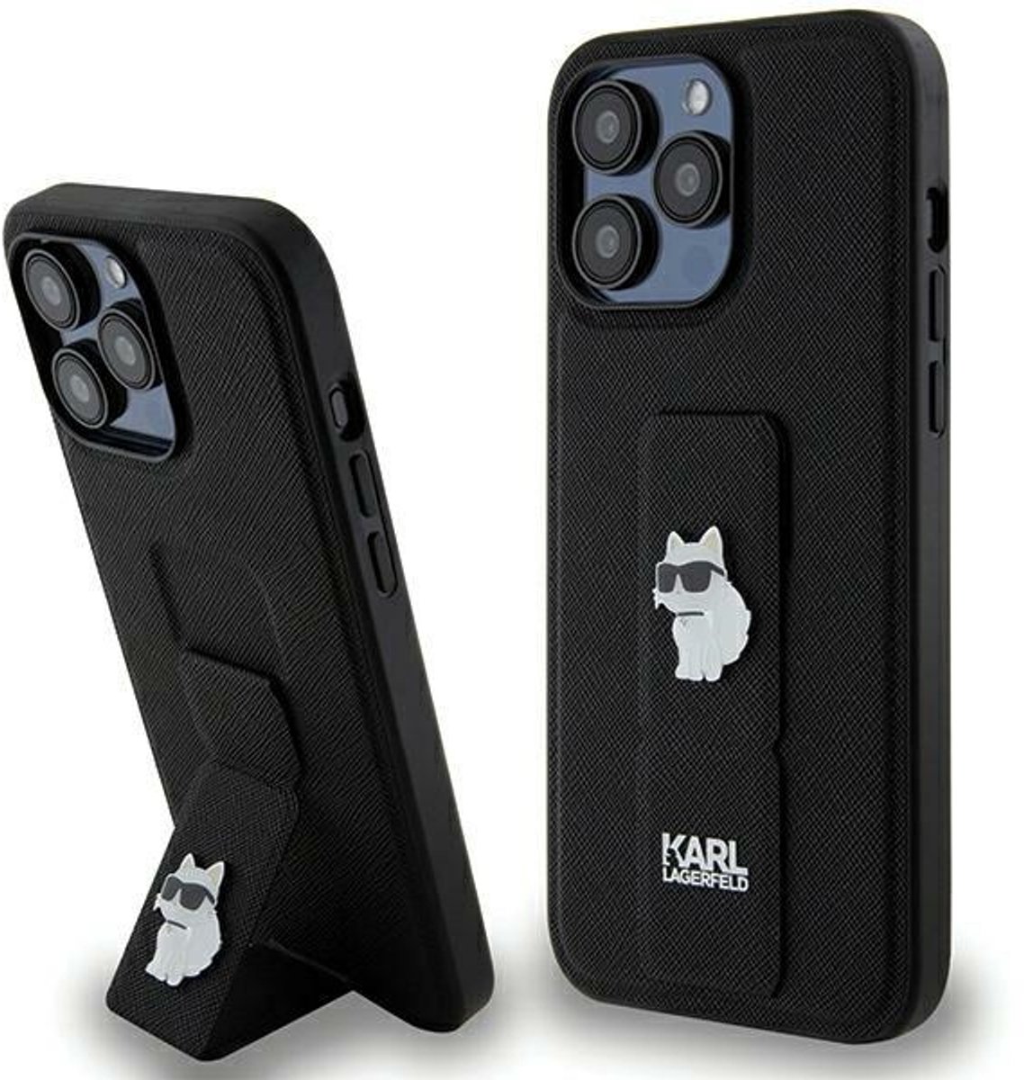 Karl - Lagerfeld - Gripstand Saffiano Choupette Pins hoesje voor iPhone - 13 - Pro - Max - zwart