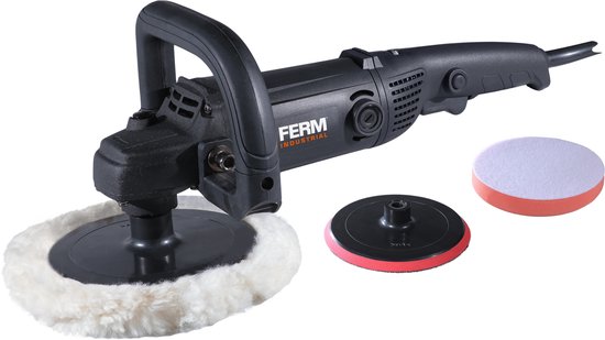 Zwarte FERM haakse poetsmachine met witte poetskap, rode backing pad en oranje poetsdisc.