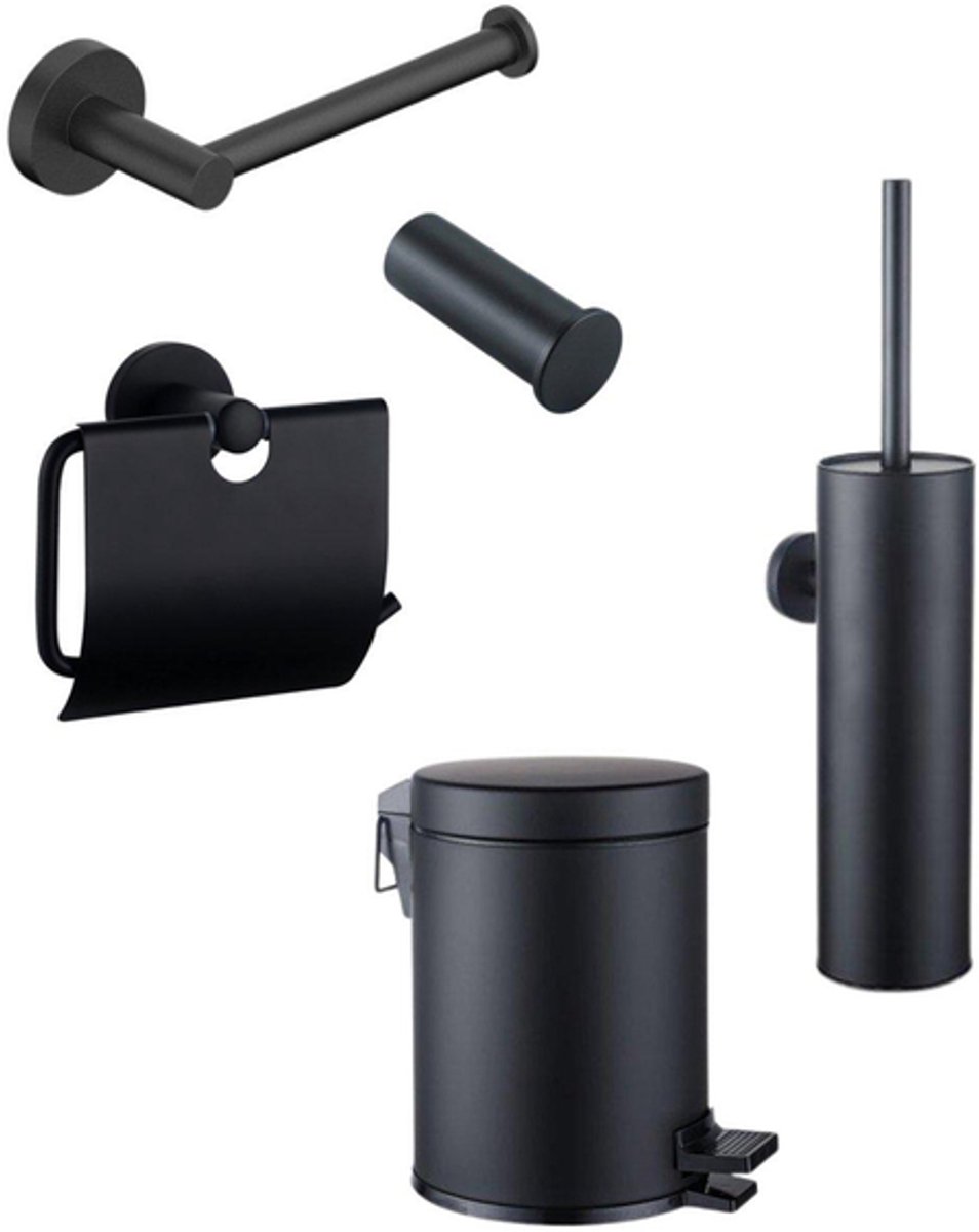 FugaFlow Eccelente Acces Toiletset 5-delig - toiletrolhouder - reserverolhouder - toiletborstelhouder - handdoekhaak - pedaalemmer - mat zwart