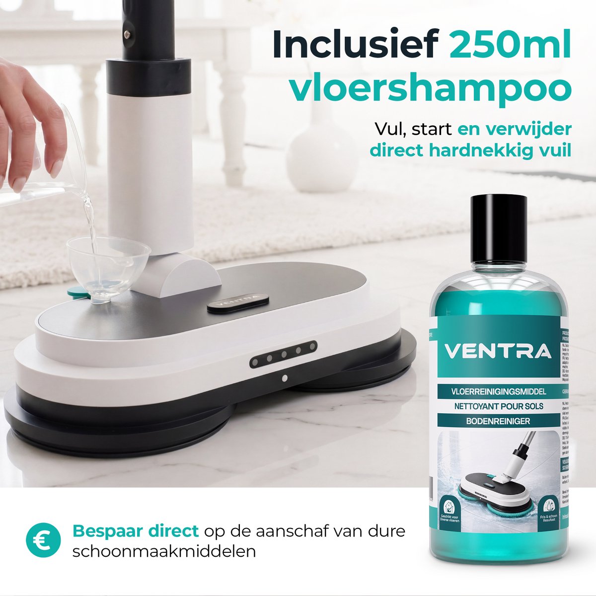 VENTRA® Elektrische Dweil - Extra Sterke 3300mAh Accu - Dweilsysteem - Vloerreiniger - Dweil met Spray - 3300mAh - Draadloos – foto 8