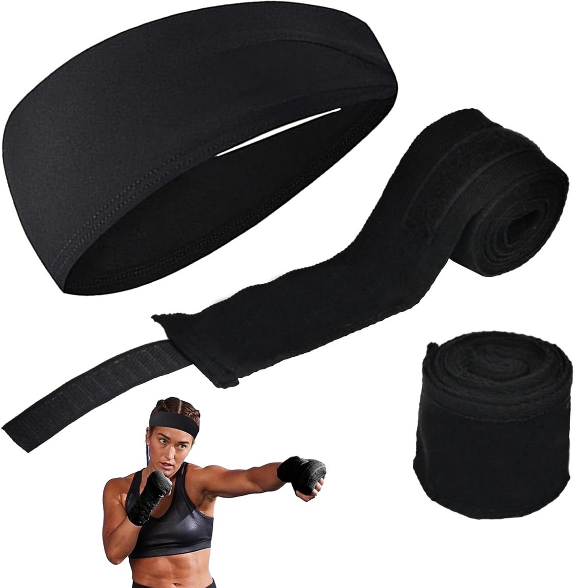3-delige Bokset met 5m Lange Duimlusbanden en Zweetabsorberend Hoofdband, Zwarte Elastische Polsbanden voor Mannen en Vrouwen, Gevoerde Ademende Sport Bokshandschoenen voor MMA en Fitness