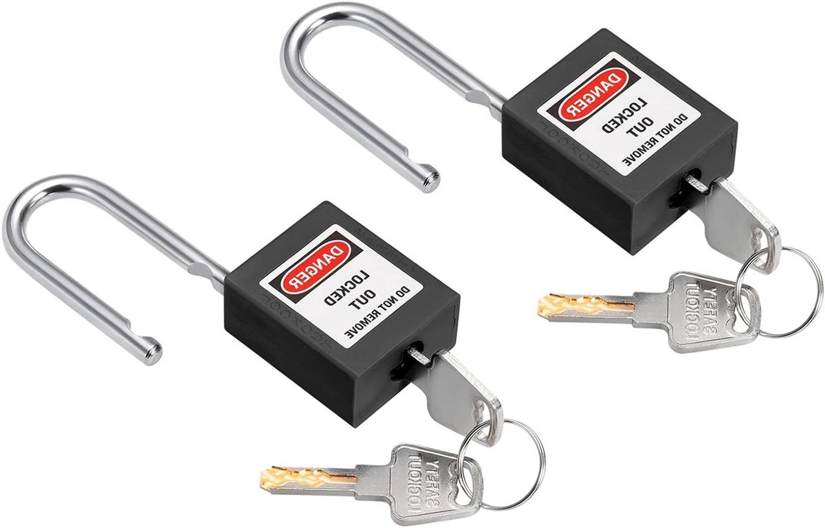 2 Pack Lockout Tagout Sloten - Veiligheids Hangsloten met Sleutel, Lichtgewicht en Compact, Geschikt voor Lock Out Tag Out, 38mm, Zwart, Veiligheid, Preventie, Werkplekveiligheid