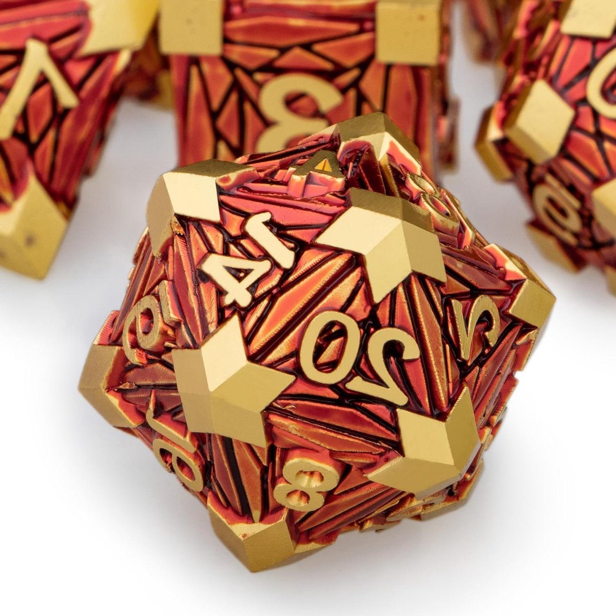 Metalen Dobbelstenen Set - RPG Dobbelstenen - Rollenspellen - Crystal Shards Design - 16mm-20mm - Rood Goud