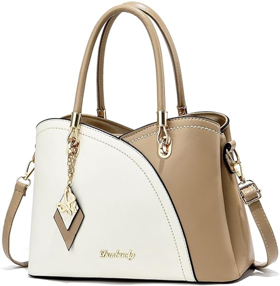 MODENUIT Handtassen - Dames Tas Colour Block Tas Schoudertas Met Meerdere Vakjes Voor Sleutels, Kaarten En Cosmetica, Leer, Wit + Kaki